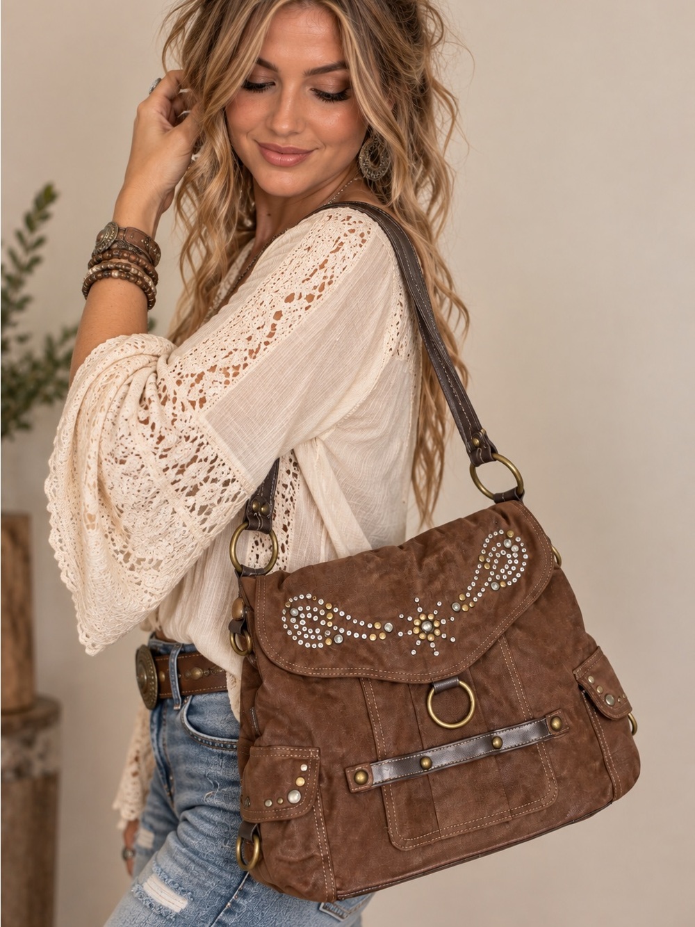 Kathy Van Zeeland Brown Suede Studded Shoulder Bag